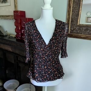 Stevie May Women's Small Wrap Top Semi-sheer Autumn Floral Blouse 122